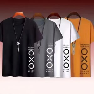 Clyston Denims  Men’s OXO Polyster Printed T-Shirt Combo Pack of 4 | Black, Grey, White, Mustard | Round Neck Casual Wear